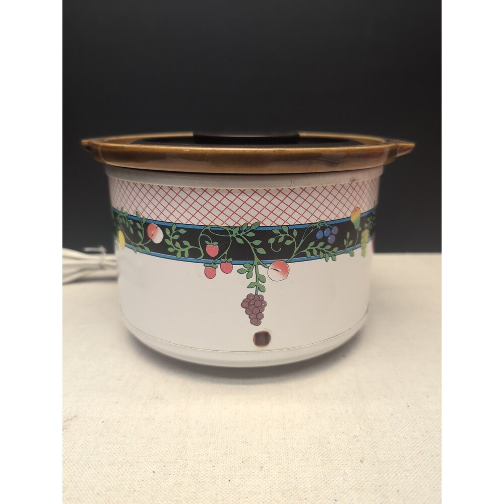 White Green w Fruit 7 1/4" Removable Stoneware Bowl Small Personal Crock Pot Vtg